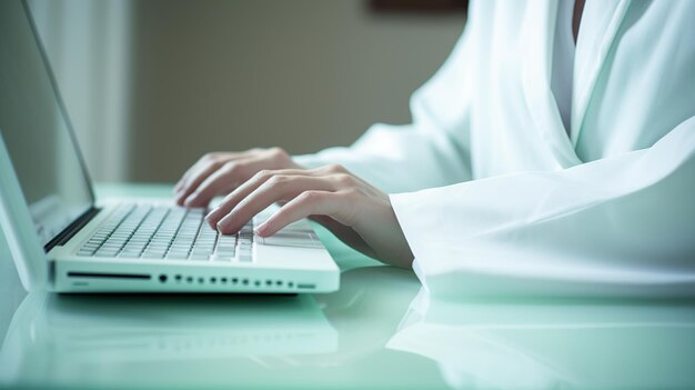 Un primer plano de las manos de las médicas escribiendo en el teclado de la computadora portátil trabajando en la oficina