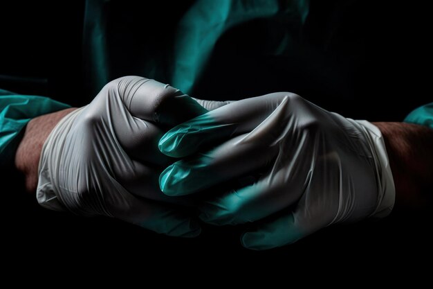 Foto primer plano de las manos del médico en guantes de fabricación de guantes de goma la mano humana está usando guantes de látex médico