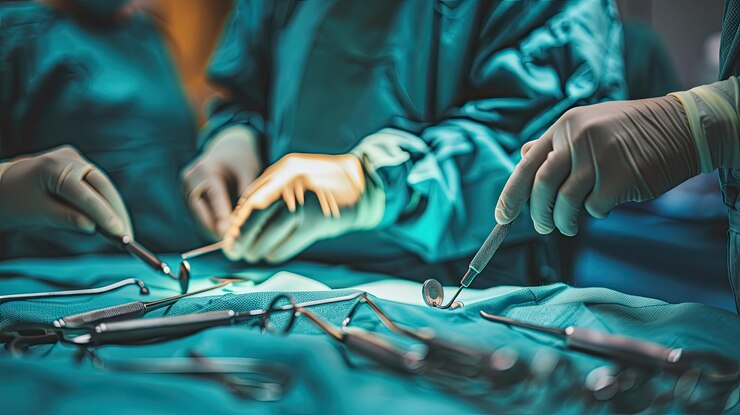 Primer plano de las manos de un médico realizando una cirugía con instrumentos quirúrgicos en el fondo
