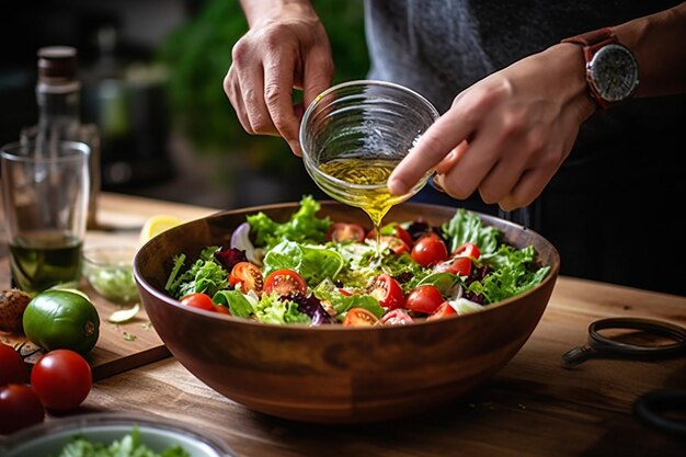 Primer plano de las manos mezclando una ensalada de pasta con aderezo italiano