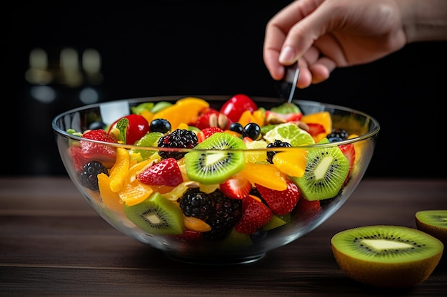 Primer plano de manos mezclando frutas en un tazón de ensalada