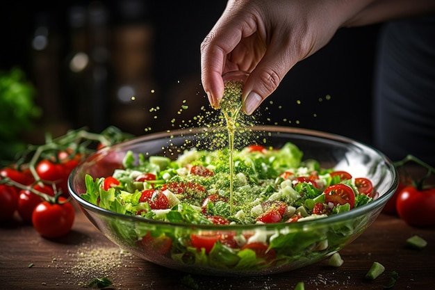 Primer plano de manos montando una ensalada de taco con carne molida, lechuga, tomates y queso