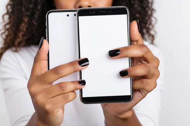 Un primer plano de las manos de una mujer afroamericana mostrando un teléfono inteligente contra un fondo blanco