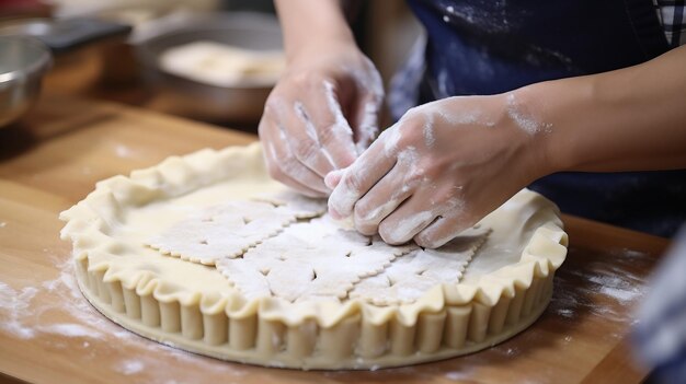 Foto primer plano de las manos de la mujer amasando la masa para el pastel casero