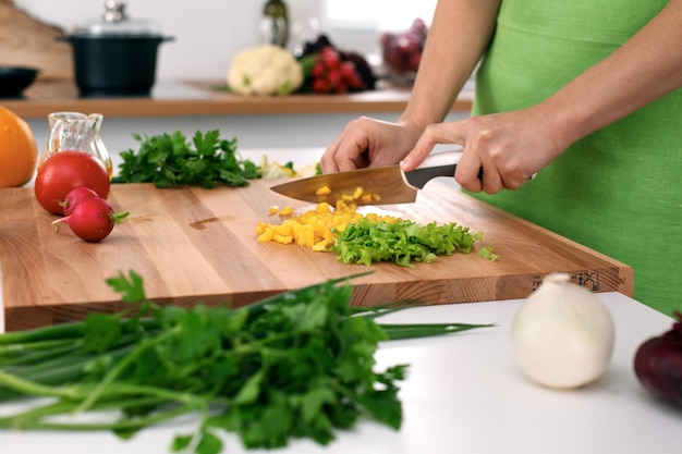 Primer plano de las manos de la mujer cocinando en la cocina Ama de casa rebanando ensalada fresca Concepto de cocina vegetariana y saludable