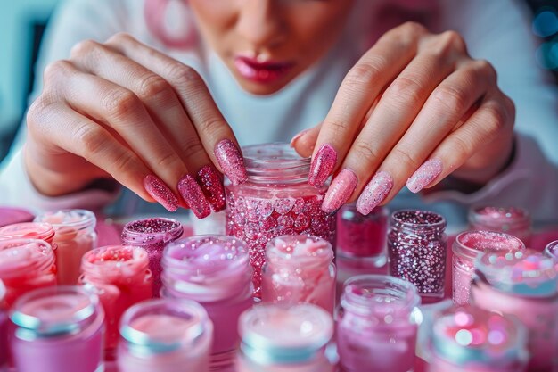 Foto un primer plano de las manos de una mujer recogiendo y examinando el brillante esmalte de uñas rosa en frascos en una belleza