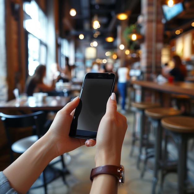 Foto primer plano de las manos de una mujer sosteniendo un teléfono inteligente en un café