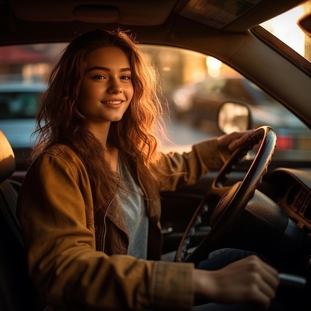 Primer plano de las manos de la mujer en el volante.