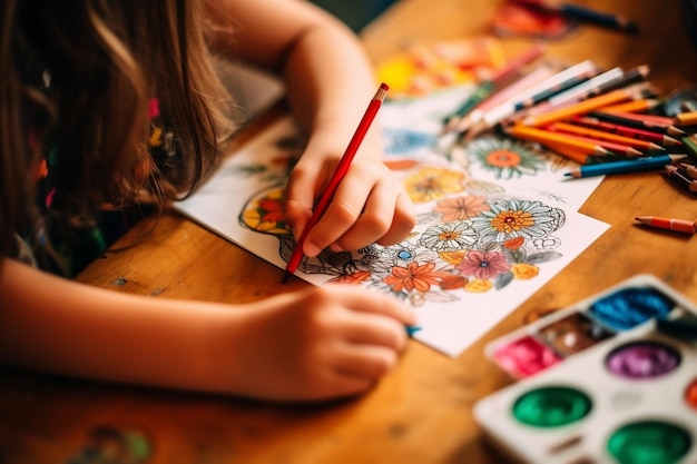 Primer plano de las manos de un niño coloreando y trabajando Generative Ai