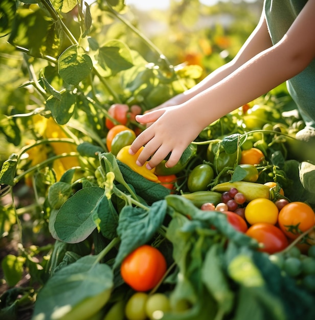 Un primer plano de las manos de un niño recogiendo frutas y verduras frescas del día mundial de la alimentación de una granja