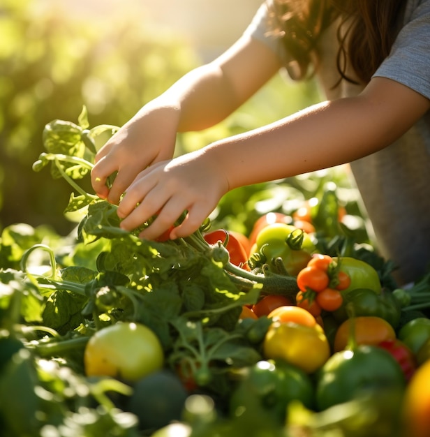 Un primer plano de las manos de un niño recogiendo frutas y verduras frescas del día mundial de la alimentación de una granja
