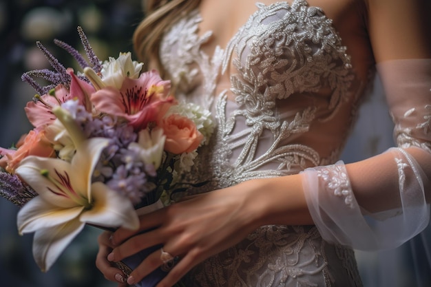 Un primer plano de las manos de una novia sosteniendo su hermoso ramo de bodas