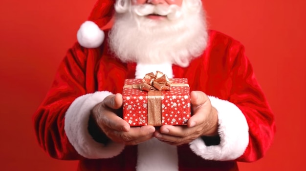 Primer plano de las manos de Papá Noel sosteniendo un regalo de Navidad IA generativa