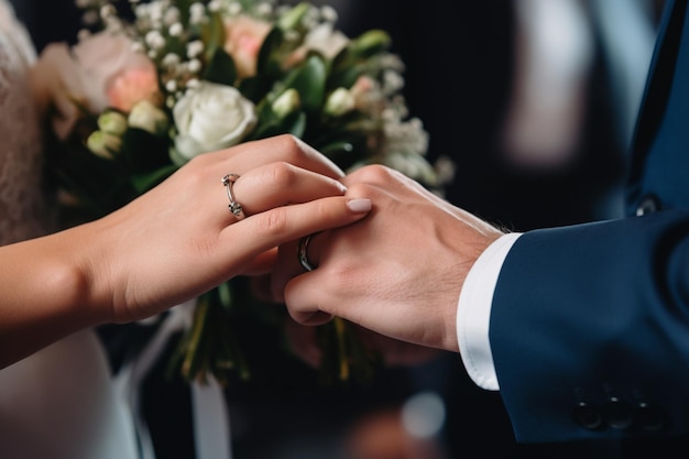 Primer plano de las manos de una pareja intercambiando votos matrimoniales con un ramo de flores en el fondo