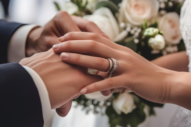 Primer plano de las manos de una pareja intercambiando votos matrimoniales con un ramo de flores en el fondo