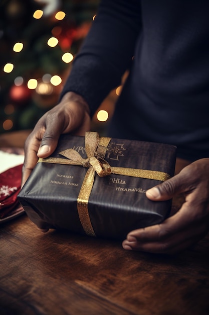 Primer plano de las manos de una persona adulta envolviendo un regalo de Navidad