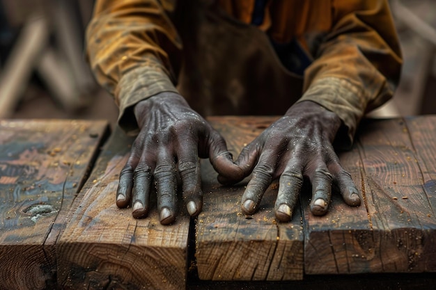 Un primer plano de las manos de una persona en una mesa de madera