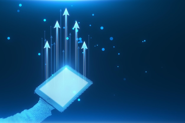 Primer plano de las manos de los píxeles sosteniendo la tableta con flechas digitales brillantes hacia arriba y círculos bokeh sobre fondo azul