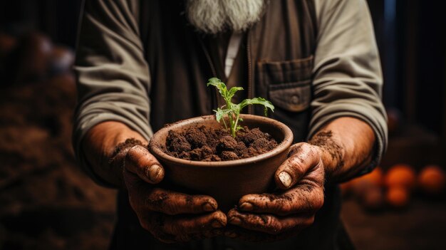 Un primer plano de manos plantando árboles jóvenes