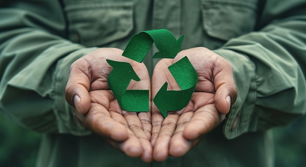 Primer plano de manos que sostienen un vibrante símbolo de reciclaje verde que promueve el medio ambiente