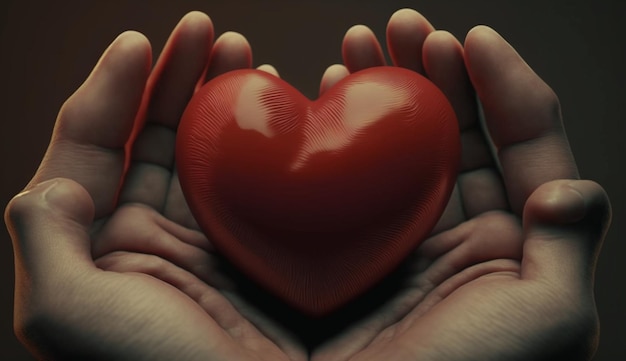 Primer plano de manos sosteniendo un corazón rojo que simboliza la IA generativa de amor