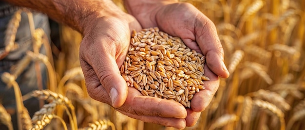 Un primer plano de las manos sosteniendo cuidadosamente una gran cantidad de granos de trigo cosechados en un cálido