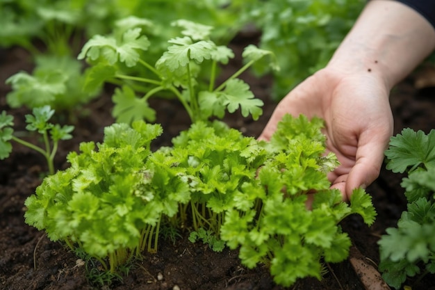 Primer plano de manos sosteniendo plantas en el suelo cultivando un jardín creado con ai generativo