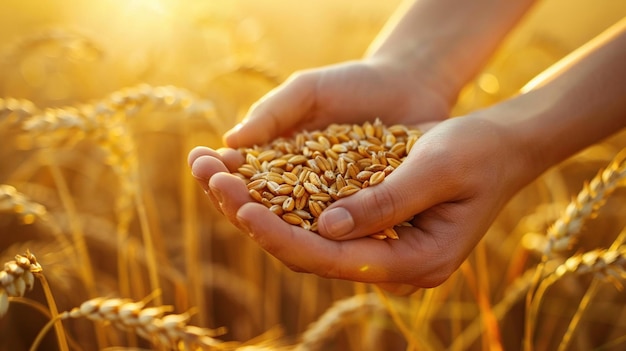 Un primer plano de manos sosteniendo suavemente un montón de granos de trigo maduros con un campo de trigo dorado