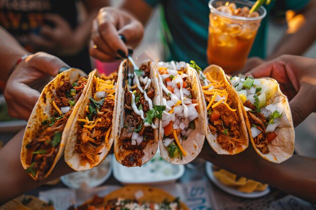 Un primer plano de las manos sosteniendo tacos mexicanos