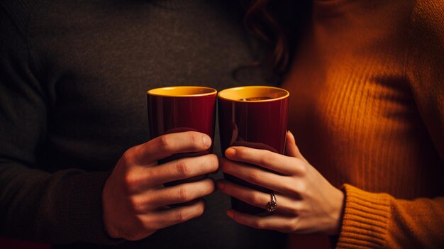 primer plano de las manos con tazas de café de una pareja enamorada IA generativa