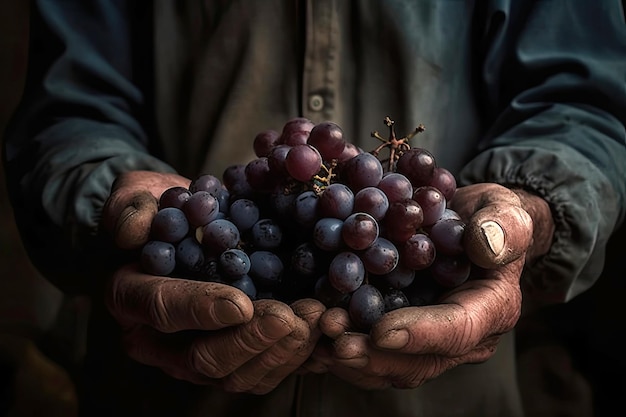 Primer plano de las manos de los trabajadores del viñedo que sostienen el racimo de uvas IA generativa