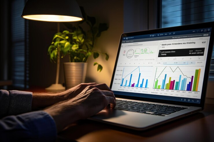 Primer plano de manos trabajando en conceptos portátiles de análisis de datos