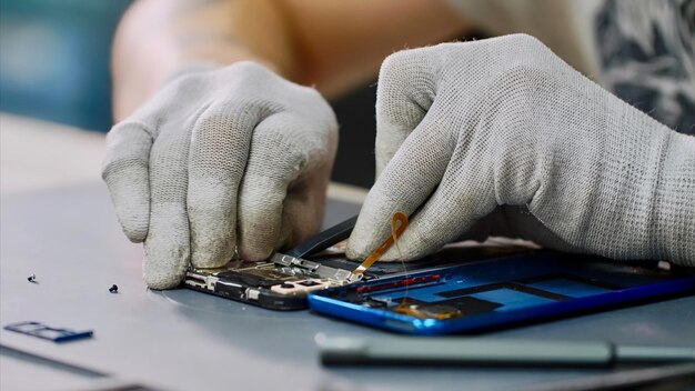 Foto primer plano de las manos trabajando en la mesa