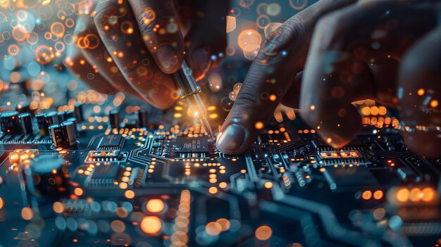 Primer plano de manos trabajando en una placa de circuito con detalles intrincados y luces brillantes que representan t