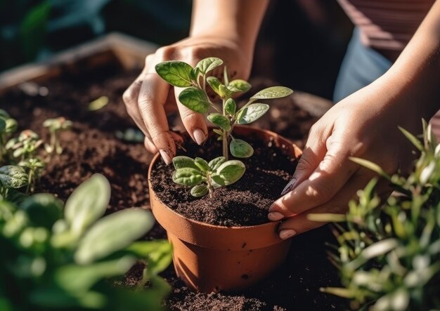 Primer plano de manos trasplantando plantas al aire libre en el jardín