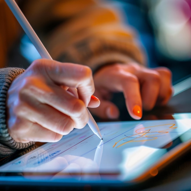 Primer plano de manos usando un bolígrafo digital en una pantalla de tableta creando arte o tomando notas Iluminación brillante y atmósfera acogedora
