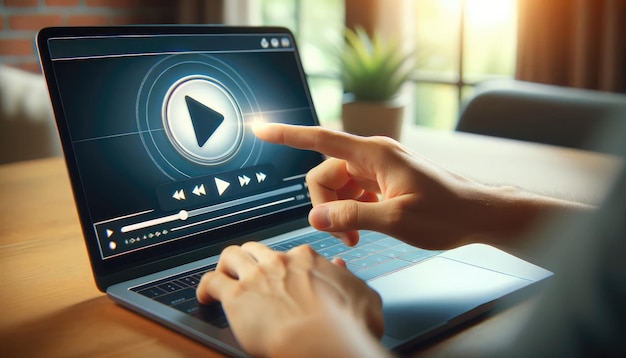 Un primer plano de las manos de un usuario dispuestas a reproducir un video con una interfaz de servicio de transmisión visible en una pantalla de portátil