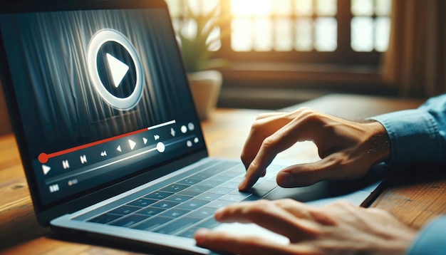 Foto un primer plano de las manos de un usuario dispuestas a reproducir un video con una interfaz de servicio de transmisión visible en una pantalla de portátil