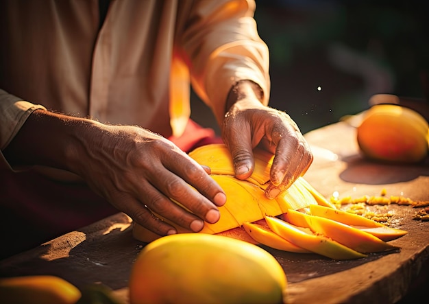 Un primer plano de las manos de un vendedor cortando hábilmente un mango maduro con su vibrante carne naranja