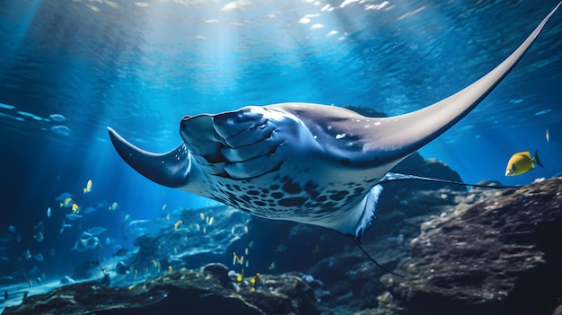 Un primer plano de una manta rayas nadando en el mar claro Fondo natural con hermosa iluminación