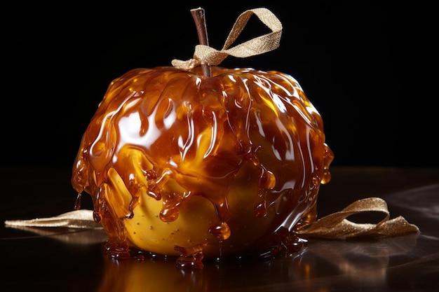 Primer plano de una manzana de caramelo envuelta en celofán Mejor fotografía de manzanas