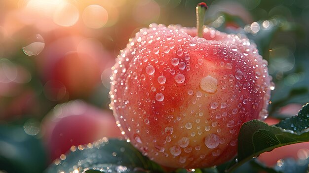 Un primer plano de una manzana con gotas de agua en ella