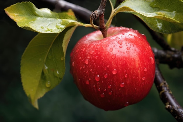 Primer plano de una manzana madura colgando de la rama de un árbol