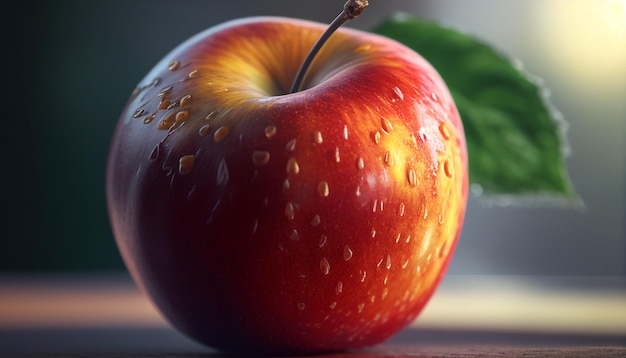 Primer plano de manzana madura roja fresca con hoja sobre fondo borroso IA generativa
