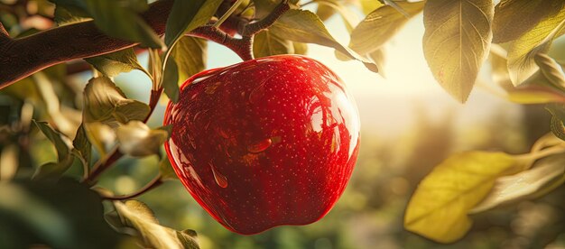 Un primer plano de una manzana roja en un árbol