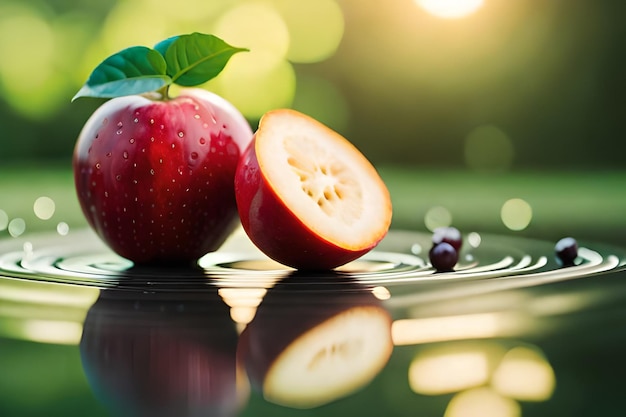 Un primer plano de una manzana roja con una hoja