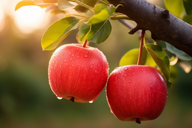 Primer plano de manzana roja madura con rayos de sol y huerto de manzanas en el fondo generado por la IA