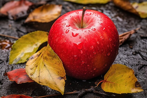 Un primer plano de una manzana roja con una mariposa amarilla en ella