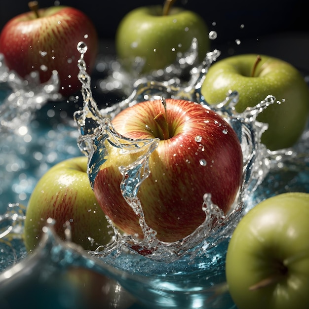 Un primer plano de una manzana salpicada de agua con gas