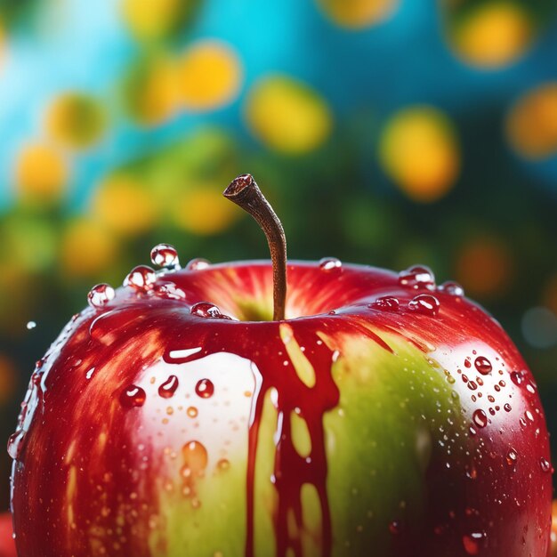 Foto primer plano de manzana salpicada con fondo de color